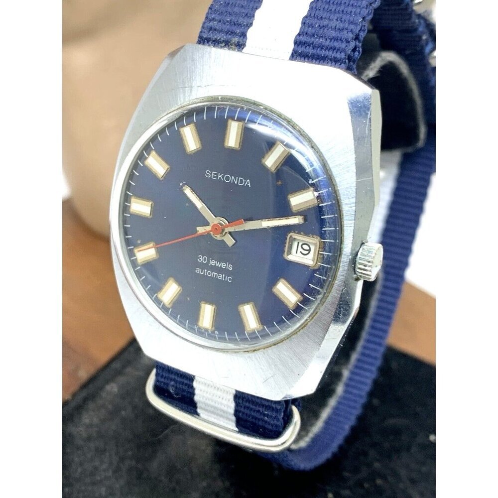Sekonda Men's Watch Vintage USSR Automatic Blue Dial Date Nylon Strap 36mm